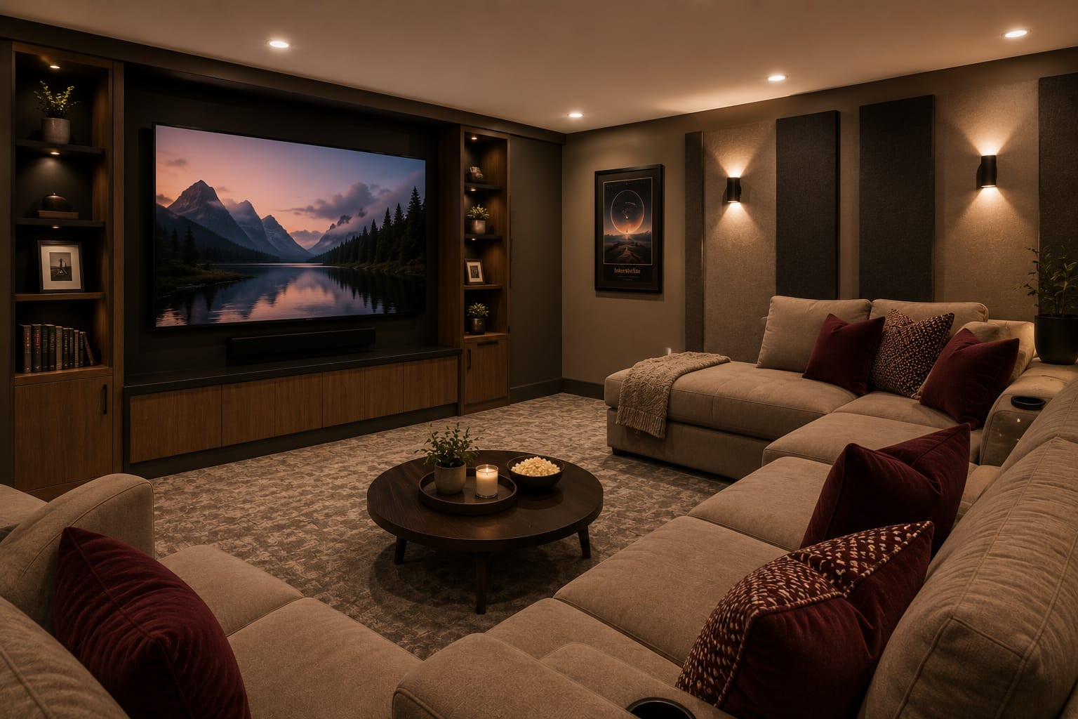 Finished basement family room with comfortable seating and warm lighting